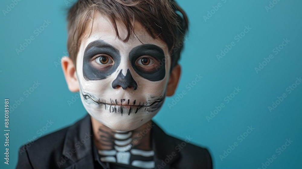 Spooky Close-Up of Young Boy in Skeleton Costume and Face Paint on Plain Studio Background Spooky Close-Up of Young Boy in Skeleton Costume and Face Paint on Plain Studio Background