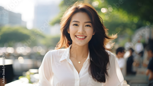 A woman with long hair is smiling and wearing a white shirt