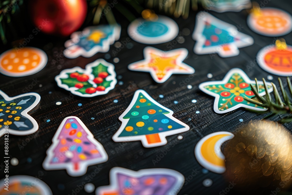 Fototapeta premium Colorful Christmas-themed stickers on a dark background