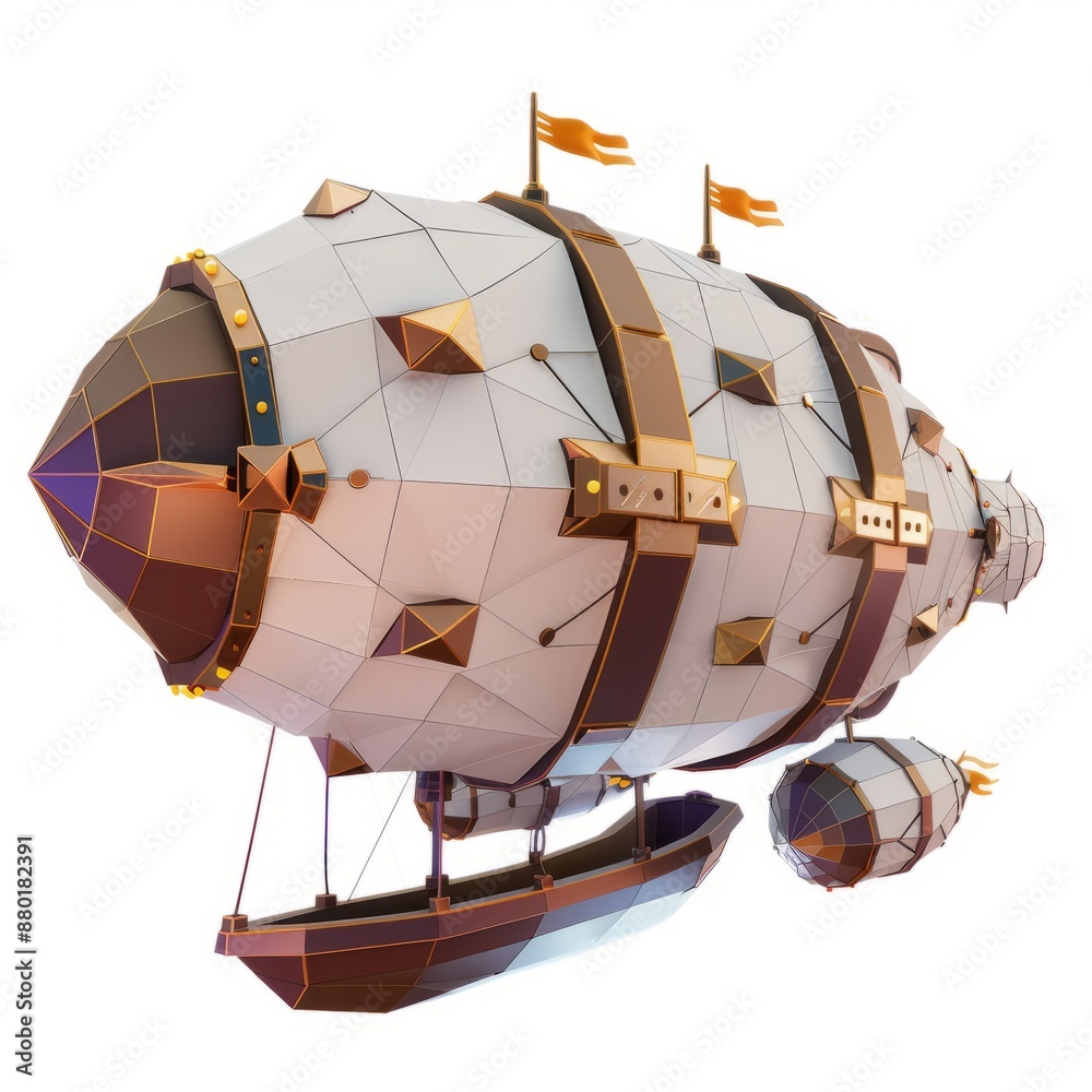Naklejka premium 3D Render, Low Poly style of a fantasy zeppelin, on isolated white background, Generative AI