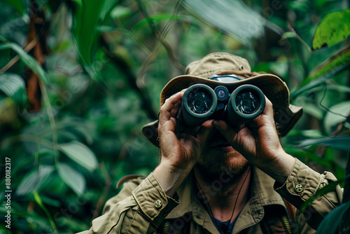 Fototapeta Naklejka Na Ścianę i Meble -  Expert explorer in the jungle looking through binoculars