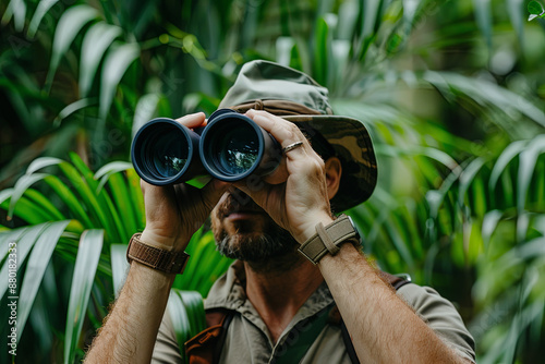Fototapeta Naklejka Na Ścianę i Meble -  Expert explorer in the jungle looking through binoculars