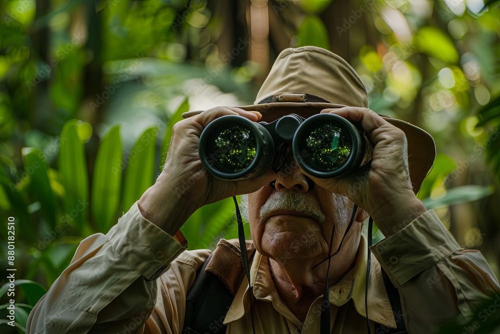 Expert explorer in the jungle looking through binoculars Expert explorer in the jungle looking through binoculars