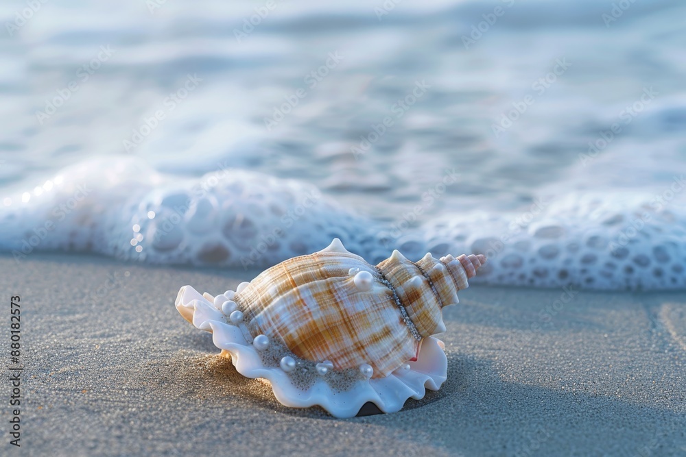 Seashell on a Sandy Beach with Foamy Waves Seashell on a Sandy Beach with Foamy Waves