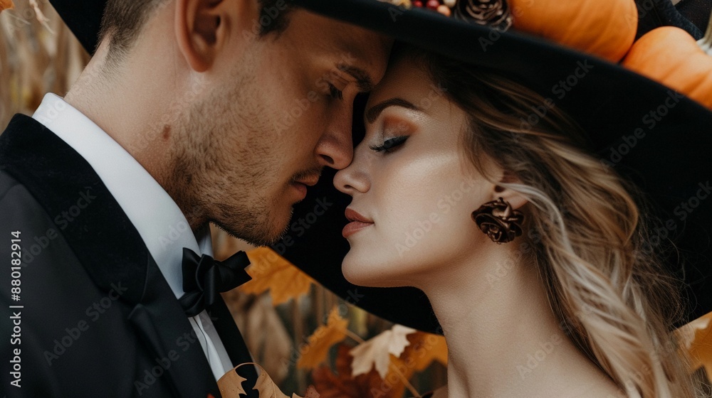 Romantic couple in matching Halloween costumes, sharing a sweet moment under a moonlit sky, surrounded by festive decorations Romantic couple in matching Halloween costumes, sharing a sweet moment under a moonlit sky, surrounded by festive decorations