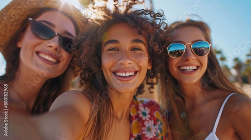 Three young women wearing sunglasses smile and pose for a selfie on a sunny beach