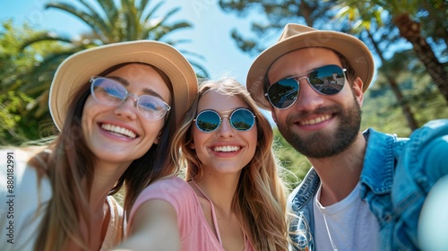 Three friends, wearing sunglasses and hats, smile for a selfie outside on a sunny day