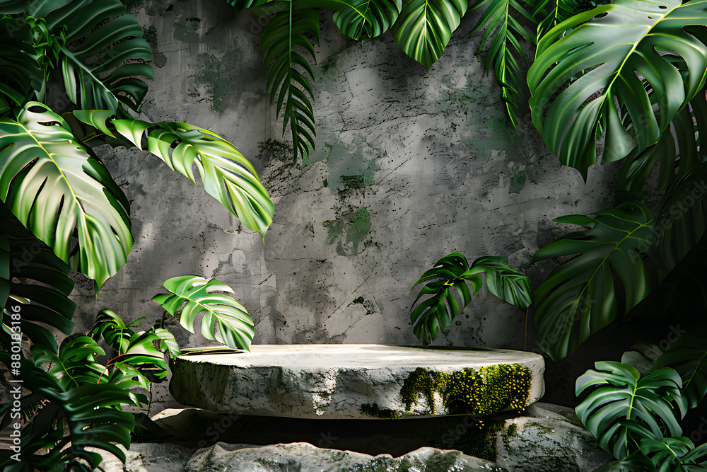 Brand product exhibition mockup with wooden podium and natural rock pedestal, adorned with green plants. Brand product exhibition mockup with wooden podium and natural rock pedestal, adorned with green plants.
