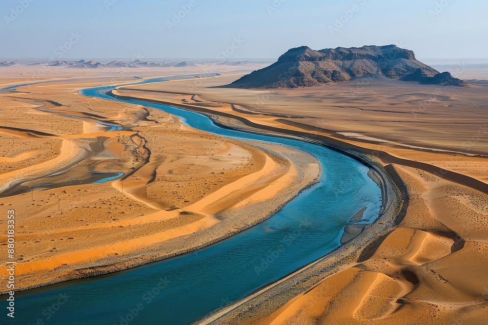 Fototapeta premium Winding river snaking through a vast desert landscape.