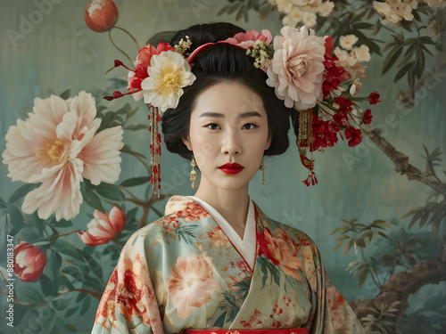 A woman wearing a traditional Japanese kimono with a flowery design on it