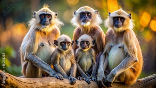 Vibrant portrait of a northern plains langur family, with adults and infants, sitting on a hollowed log in Kanha National Park, India.