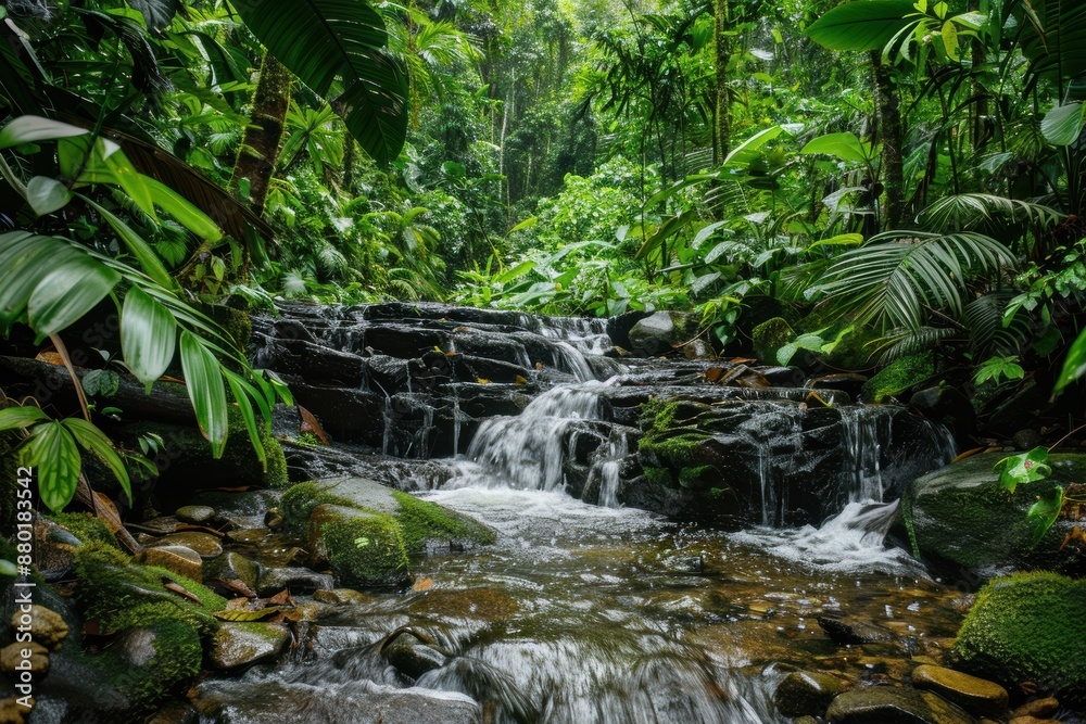 A scenic hike through the lush trails of a tropical rainforest, with waterfalls, exotic plants, and diverse wildlife A scenic hike through the lush trails of a tropical rainforest, with waterfalls, exotic plants, and diverse wildlife