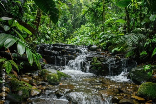 A scenic hike through the lush trails of a tropical rainforest, with waterfalls, exotic plants, and diverse wildlife