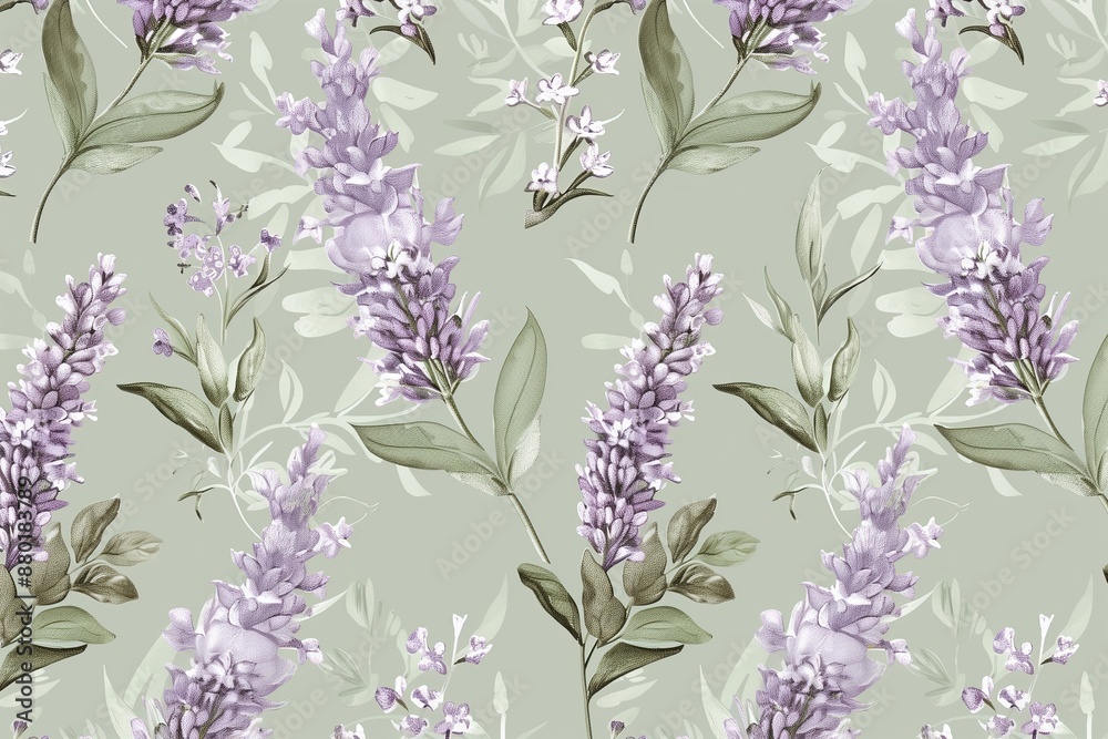 Calm Lavender Blooms, Bohemian and Minimalist Styles, Seamless Pattern with Flowers and Leaves. Hand Drawn Background. Floral Pattern for Tiled and tillable, Wallpaper, wrapping paper design, textile