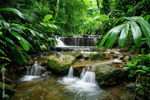 A scenic hike through the lush trails of a tropical rainforest, with waterfalls, exotic plants, and diverse wildlife