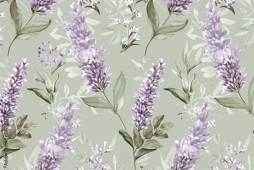 Obraz na płótnie Calm Lavender Blooms, Bohemian and Minimalist Styles, Seamless Pattern with Flowers and Leaves. Hand Drawn Background. Floral Pattern for Tiled and tillable, Wallpaper, wrapping paper design, textile w salonie