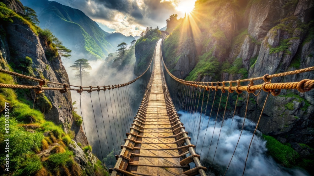 Obraz premium Suspenseful rope bridge stretches precariously over airy chasm, symbolizing perilous journeys and resilient determination in overcoming life's treacherous obstacles.