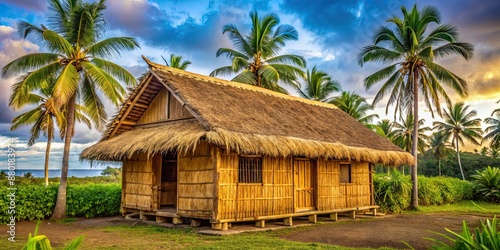 Traditional Hawaiian village home made of bamboo and palm leaves, Hawaii, culture, traditional, village © Sujid