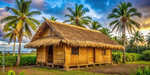 Traditional Hawaiian village home made of bamboo and palm leaves, Hawaii, culture, traditional, village