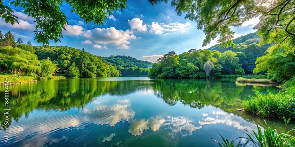 Fototapeta premium Tranquil view of a serene lake surrounded by lush greenery, scenic, water, peaceful, nature, landscape, tranquil, reflection, beauty
