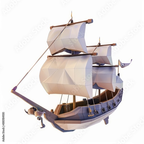 3D Render, Low Poly style of a pirate airship, on isolated white background, Generative AI