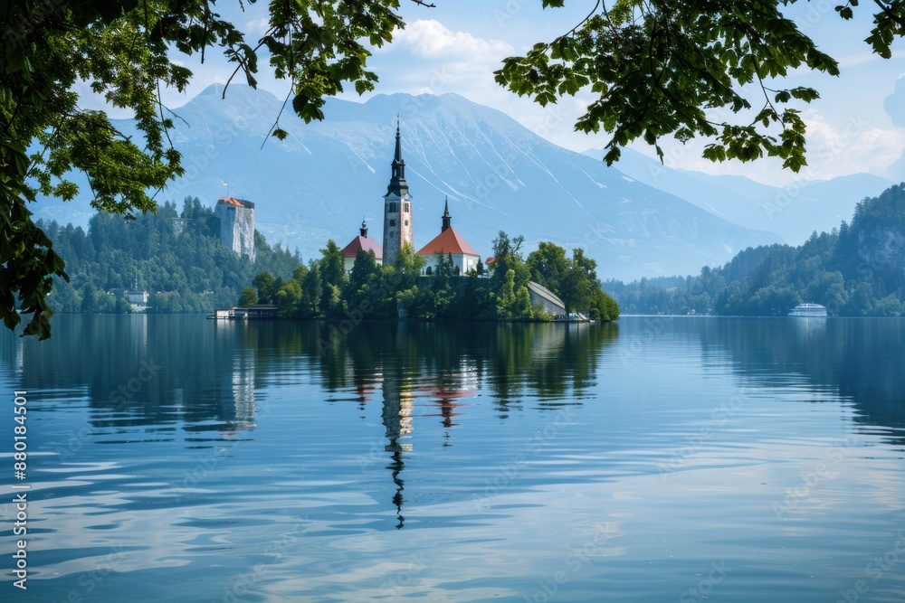 A serene lakeside view with a church on an island A serene lakeside view with a church on an island
