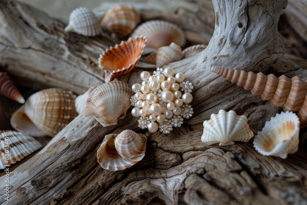 Seashells and a Pearl Brooch on Driftwood Seashells and a Pearl Brooch on Driftwood