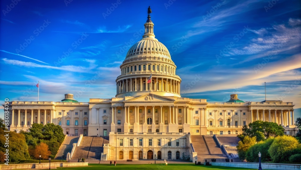 Naklejka premium Majestic neoclassical architecture of iconic government building with dome and columns set against a clear blue sky in Washington DC.