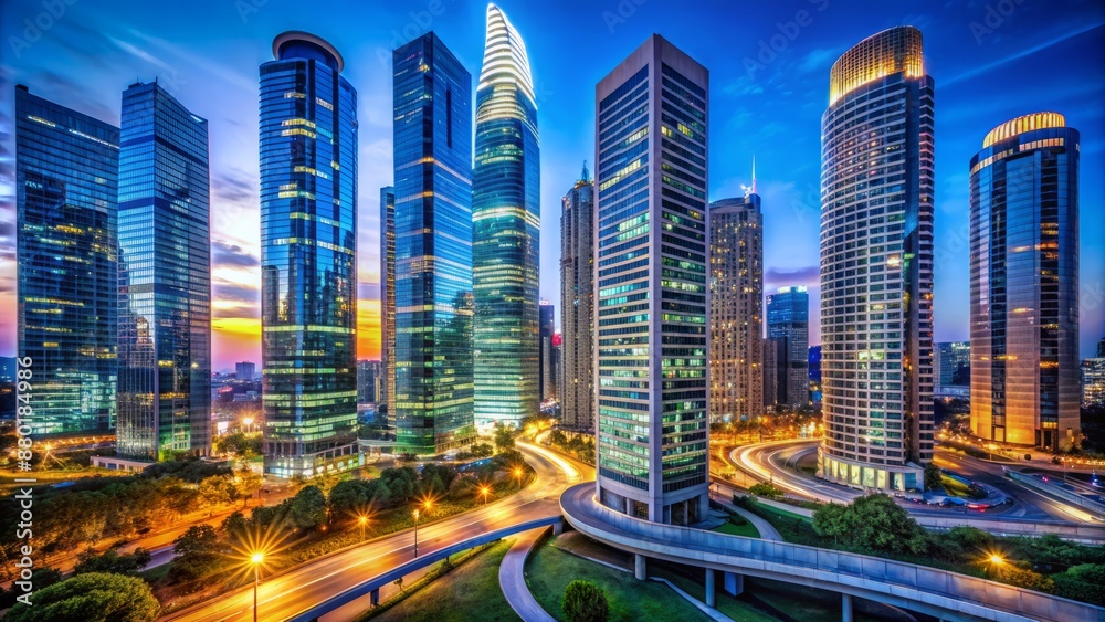 Obraz premium Sleek skyscrapers with neon lights and curved lines dominate the urban landscape against a deep blue evening sky backdrop.