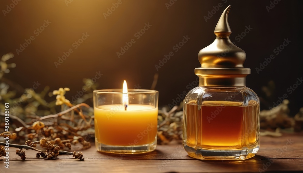 Aromatic Candle and Perfume Bottle on Wooden Table. Aromatic Candle and Perfume Bottle on Wooden Table.