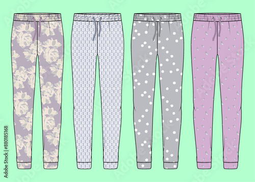 ladies nightwear floral pattern cuff jogger fashion illustration flat sketch vector.