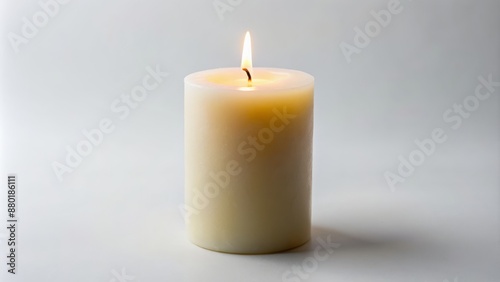 Simple serene candle made of wax on a pristine white background evoking a sense of nostalgia and tranquility sans electricity.