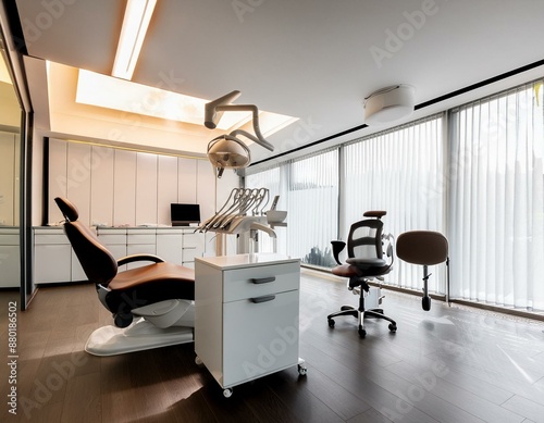 Un moderno consultorio odontológico con diseño limpio y acogedor, iluminado con luz natural 