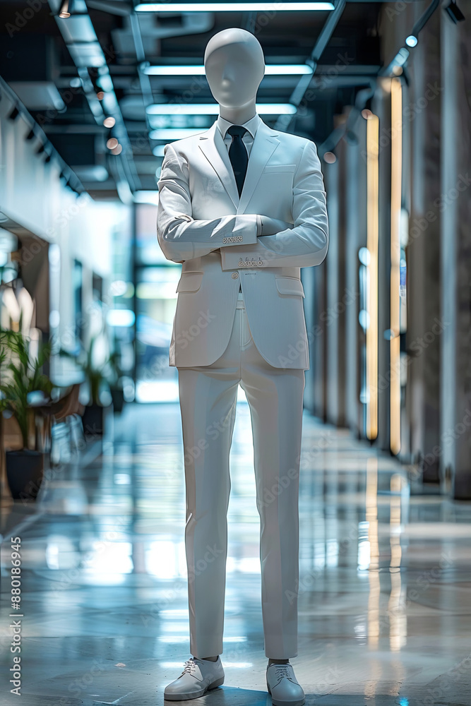 Fototapeta premium Confident mannequin businessman standing with crossed arms in a modern office setting, symbolizing professionalism and corporate culture