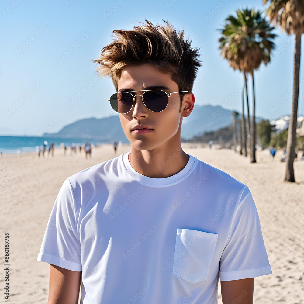 A handsome young man wearing a white t-shirt and sunglasses on the beach A handsome young man wearing a white t-shirt and sunglasses on the beach