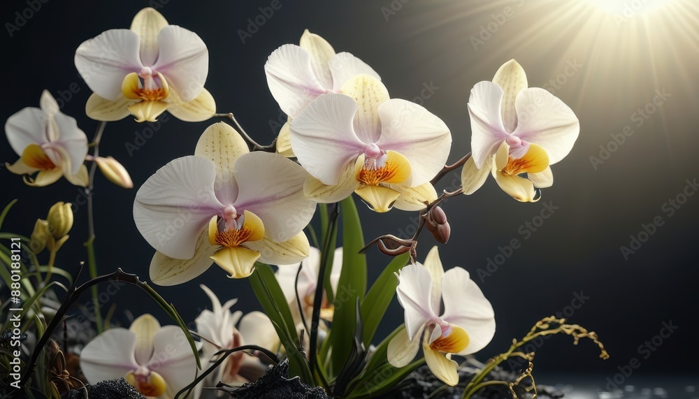 Naklejka premium White Orchid Flowers with Sun Rays.