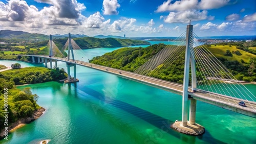 Panoramic view of modern Naranjito Cable-stayed Bridge spanning serene turquoise waterway connecting Naranjito and Bayamon in Puerto Rico landscape. photo