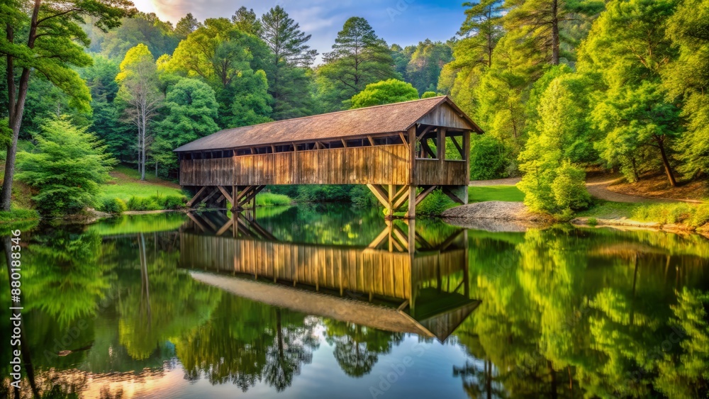 Fototapeta premium Rustic wooden covered bridge surrounded by lush greenery and reflected in calm waters of a serene rural Georgia landscape.