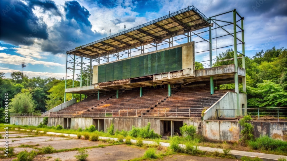 Decrepit, crumbling concrete stands surround overgrown, cracked infield, rusting scoreboard, and faded advertisements in once-thriving sporting venue. Decrepit, crumbling concrete stands surround overgrown, cracked infield, rusting scoreboard, and faded advertisements in once-thriving sporting venue.