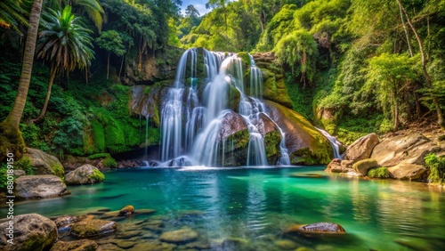 Majestic torrent of crystal clear water cascades down rocky slope amidst lush greenery at Waterfall Las Delicias in Ciales Puerto Rico.