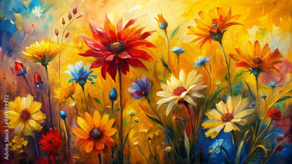 Fototapeta premium Vibrant abstract oil painting on canvas featuring semi-abstract flowers in warm yellow and red hues with bursts of blue hand-painted brushstrokes.