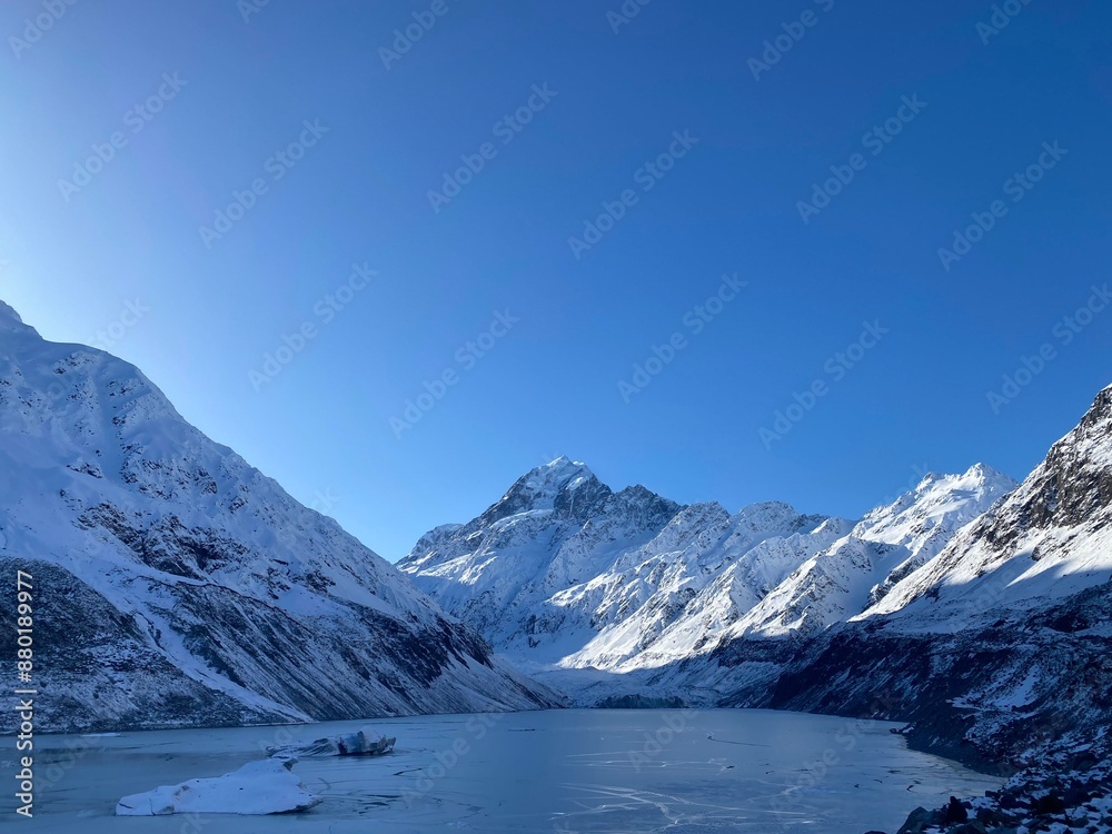 Snow-Covered Mount Cook and Frozen Lake Snow-Covered Mount Cook and Frozen Lake