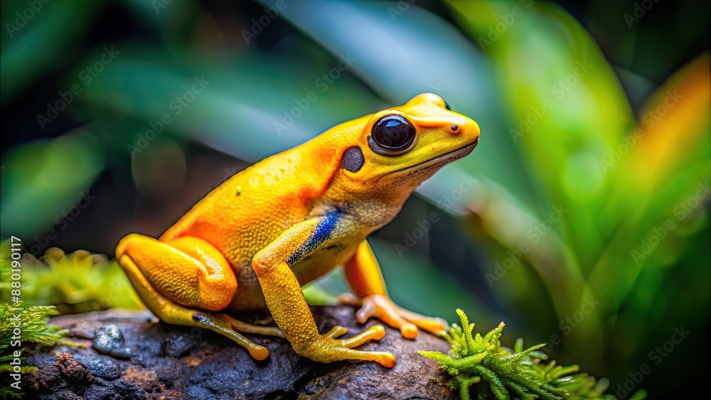 Naklejka premium Vibrant yellow frog in the jungle, frog, yellow, jungle, wildlife, rainforest, exotic, environment, tropical