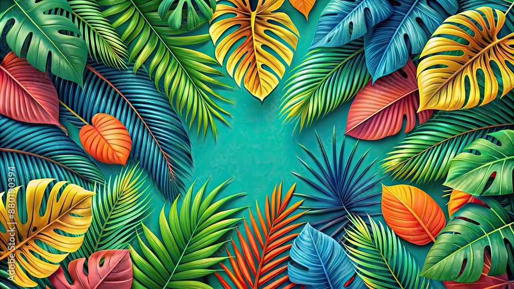 Naklejka premium Tropical leaves pattern with vibrant colors for a summer exotic trendy background, exotic, tropical, leaves, foliage, vibrant