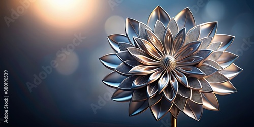Fototapeta Naklejka Na Ścianę i Meble -  Shiny metallic flower with intricate design, chrome,metal, shiny, flower, detailed, texture, silver, reflective, decoration