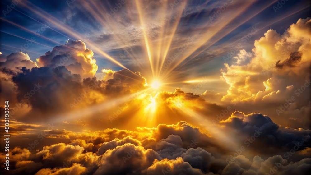 Fototapeta premium Majestic radiant beam of light piercing through dark turbulent clouds, illuminating the sky with an otherworldly golden glow atmosphere.