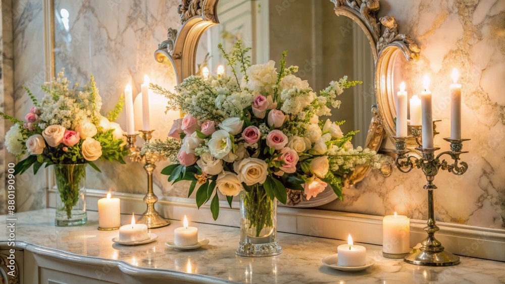 Delicate floral arrangement surrounding ornate mirror reflects serene ambiance of soft candlelight on gentle marble vanity tabletop. Delicate floral arrangement surrounding ornate mirror reflects serene ambiance of soft candlelight on gentle marble vanity tabletop.