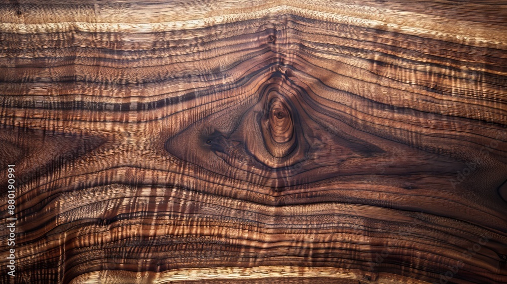 Fototapeta premium A fragment of a hardwood walnut wooden panel showcases its rich, dark brown color and distinctive grain pattern.