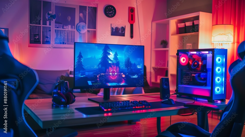 In a cozy room adorned with modern design and illuminated by neon lights, a powerful personal computer gamer is immersed in a first-person shooter game displayed on the screen. In a cozy room adorned with modern design and illuminated by neon lights, a powerful personal computer gamer is immersed in a first-person shooter game displayed on the screen.