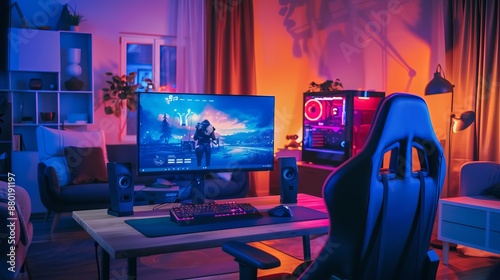 In a cozy room adorned with modern design and illuminated by neon lights, a powerful personal computer gamer is immersed in a first-person shooter game displayed on the screen.